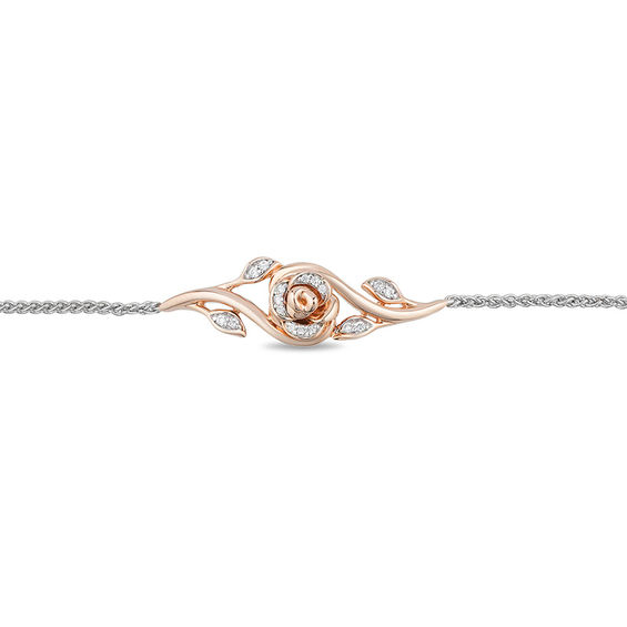 Enchanted Disney Belle 0.086 CT. T.W. Diamond Bypass Rose Bolo Bracelet in Sterling Silver and 10K Rose Gold - 10.5"