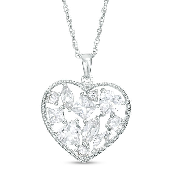 Multi-Shape Lab-Created White Sapphire Cluster Vintage-Style Frame Heart Pendant in Sterling Silver