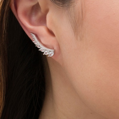 Marquise and Round Lab-Created White Sapphire Graduated Curved Bar Crawler Earrings in Sterling Silver