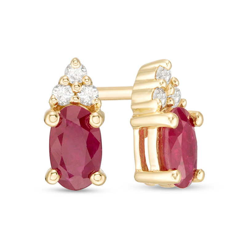 Oval Ruby and 0.05 CT. T.W. Diamond Tri-Top Stud Earrings in 10K Gold|Peoples Jewellers