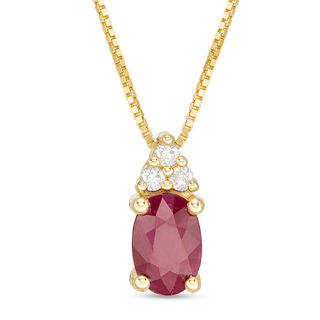 Oval Certified Ruby and 0.04 CT. T.W. Diamond Tri-Top Pendant in 10K Gold