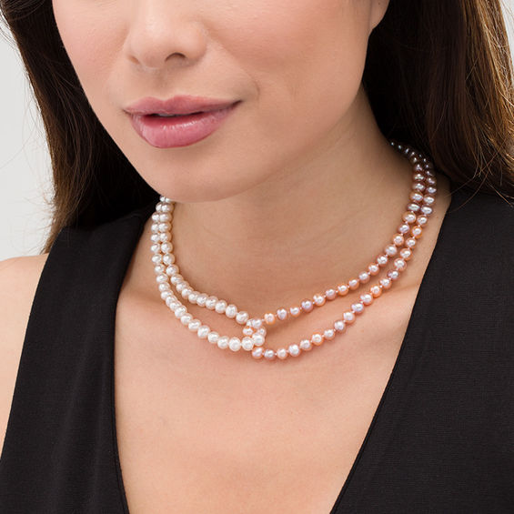 Dyed Multi-Colour and White Freshwater Cultured Pearl Double Strand Necklace with Sterling Silver Filigree Clasp-16"