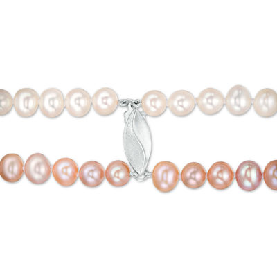 Dyed Multi-Colour and White Freshwater Cultured Pearl Double Strand Necklace with Sterling Silver Filigree Clasp-16"