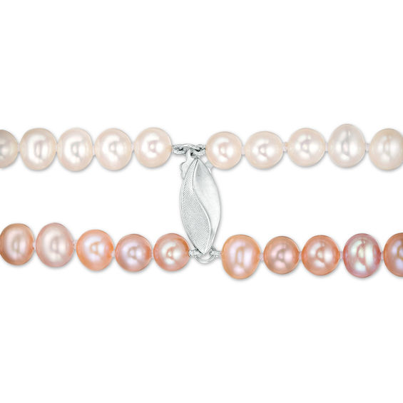 Dyed Multi-Colour and White Freshwater Cultured Pearl Double Strand Necklace with Sterling Silver Filigree Clasp-16"