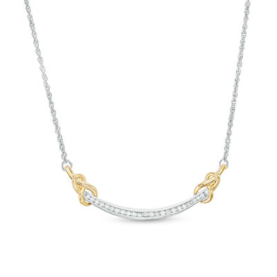 0.145 CT. T.W. Diamond Love Knot Curved Bar Necklace in Sterling Silver and 10K Gold - 16.43"