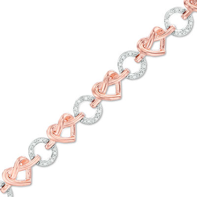 0.18 CT. T.W. Diamond Love Knot Heart and Open Circle Alternating Bracelet in Sterling Silver and 10K Rose Gold - 7.25"