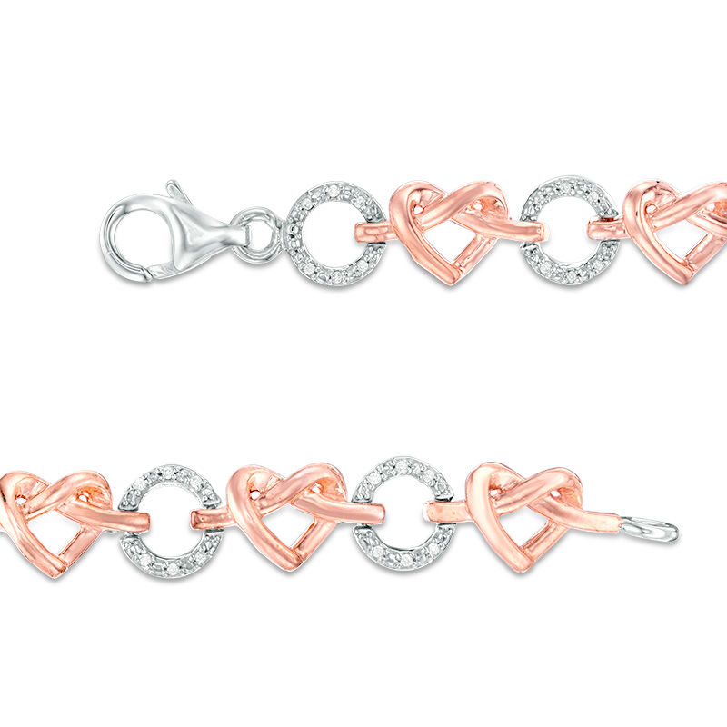 0.18 CT. T.W. Diamond Love Knot Heart and Open Circle Alternating Bracelet in Sterling Silver and 10K Rose Gold - 7.25"