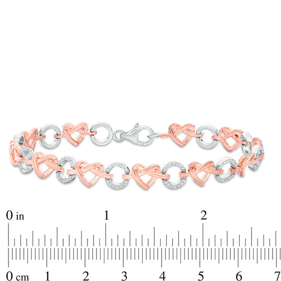 0.18 CT. T.W. Diamond Love Knot Heart and Open Circle Alternating Bracelet in Sterling Silver and 10K Rose Gold - 7.25"