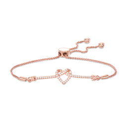 0.18 CT. T.W. Diamond Love Knot Heart Bolo Bracelet in Sterling Silver with 14K Rose Gold Plate - 9.5&quot;