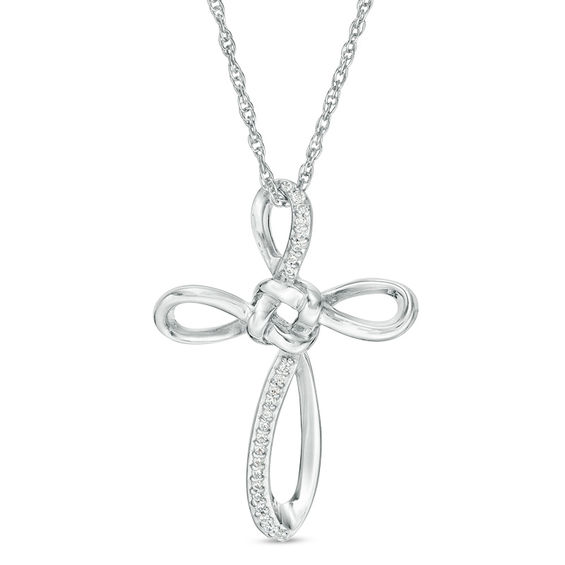 0.04 CT. T.W. Diamond Love Knot Cross Pendant in 10K White Gold