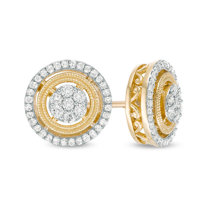 0.33 CT. T.W. Composite Diamond Frame Vintage-Style Medallion Stud Earrings in 10K Gold|Peoples Jewellers