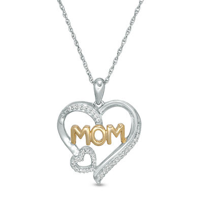 0.10 CT. T.W. Diamond Double Heart "MOM" Pendant in Sterling Silver and 10K Gold