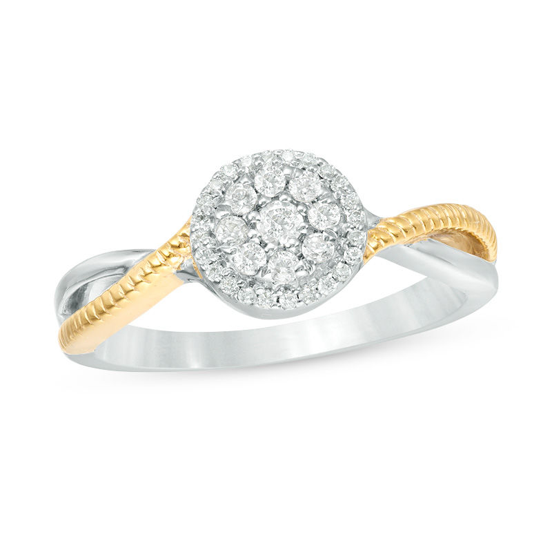0.18 CT. T.W. Diamond and Textured Double Frame Twist Promise Ring in Sterling Silver with 14K Gold Plate|Peoples Jewellers