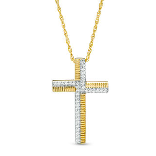 0.117 CT. T.W. Diamond and Textured Cross Pendant in Sterling Silver with 14K Gold Plate