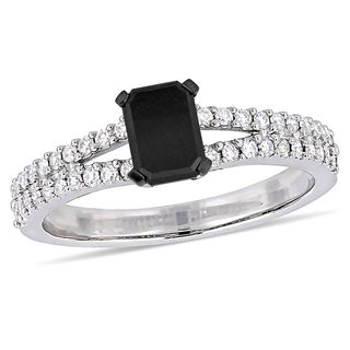 0.98 CT. T.W. Emerald-Cut Enhanced Black and White Diamond Double Row Engagement Ring 14K White Gold