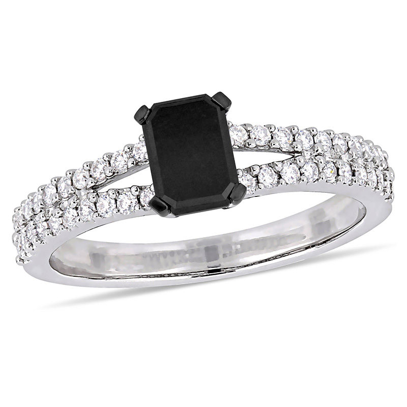0.98 CT. T.W. Emerald-Cut Enhanced Black and White Diamond Double Row Engagement Ring 14K White Gold|Peoples Jewellers