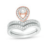 Thumbnail Image 0 of 4.0mm Lab-Created White Sapphire Pear-Shaped Frame Chevron Bridal Set in Sterling Silver and 10K Rose Gold
