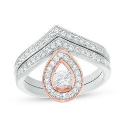 4.0mm Lab-Created White Sapphire Pear-Shaped Frame Chevron Bridal Set in Sterling Silver and 10K Rose Gold