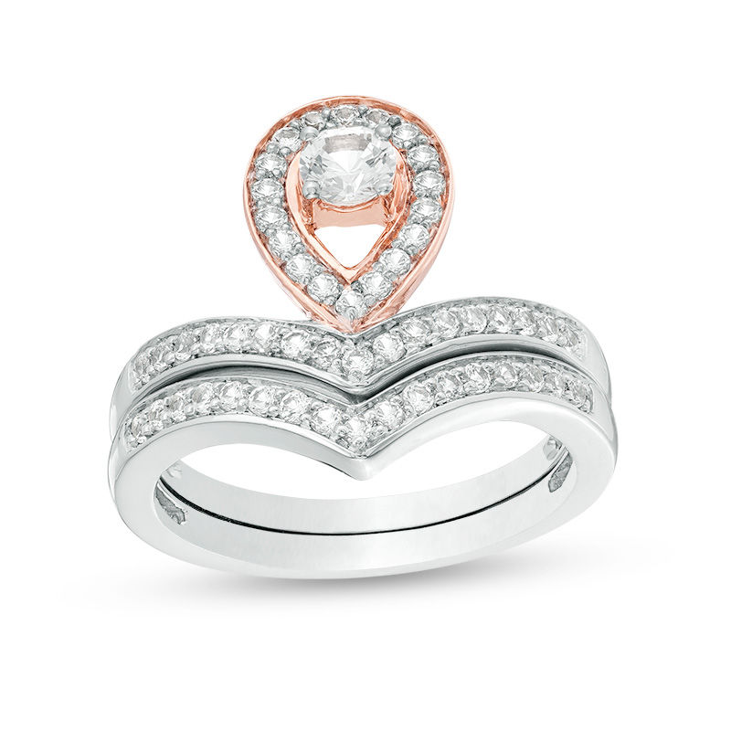 4.0mm Lab-Created White Sapphire Pear-Shaped Frame Chevron Bridal Set in Sterling Silver and 10K Rose Gold|Peoples Jewellers