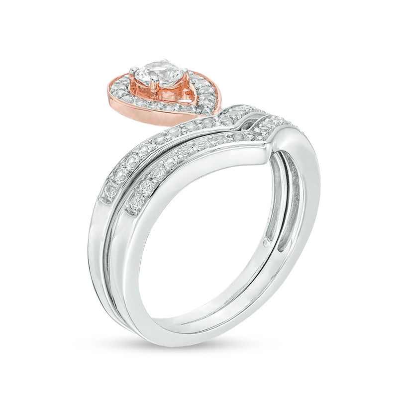 4.0mm Lab-Created White Sapphire Pear-Shaped Frame Chevron Bridal Set in Sterling Silver and 10K Rose Gold