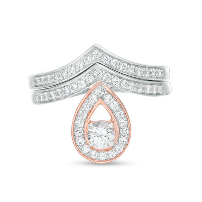 4.0mm Lab-Created White Sapphire Pear-Shaped Frame Chevron Bridal Set in Sterling Silver and 10K Rose Gold