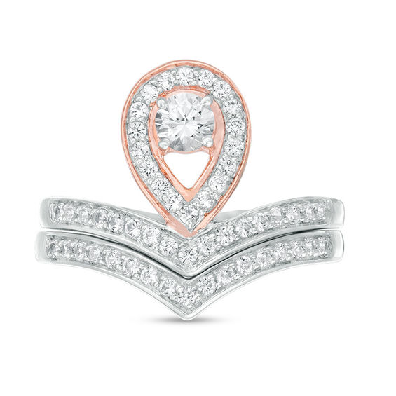 4.0mm Lab-Created White Sapphire Pear-Shaped Frame Chevron Bridal Set in Sterling Silver and 10K Rose Gold