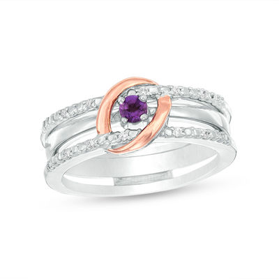 Amethyst and 0.04 CT. T.W. Diamond Interlocking Oval Three-in-One Ring in Sterling Silver and 10K Rose Gold