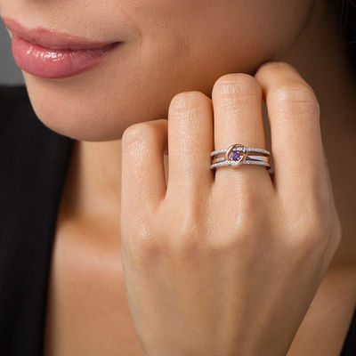 Amethyst and 0.04 CT. T.W. Diamond Interlocking Oval Three-in-One Ring in Sterling Silver and 10K Rose Gold