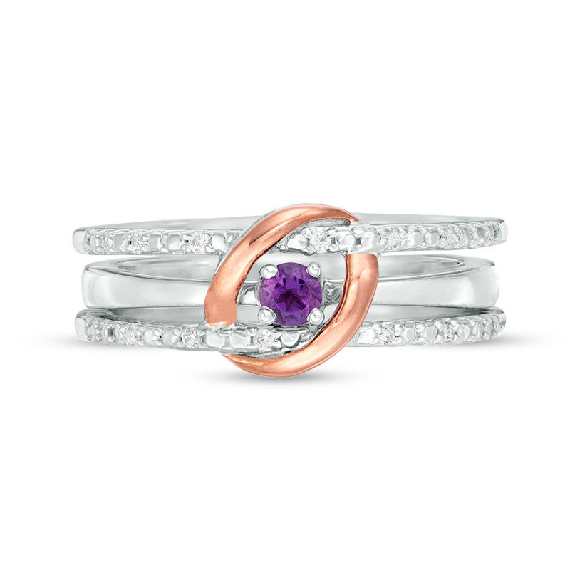 Amethyst and 0.04 CT. T.W. Diamond Interlocking Oval Three-in-One Ring in Sterling Silver and 10K Rose Gold