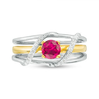 5.0mm Lab-Created Ruby and 0.04 CT. T.W. Diamond Bypass Three-in-One Ring in Sterling Silver and 10K Gold