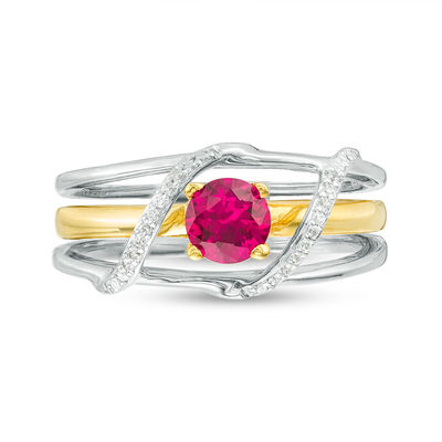 5.0mm Lab-Created Ruby and 0.04 CT. T.W. Diamond Bypass Three-in-One Ring in Sterling Silver and 10K Gold