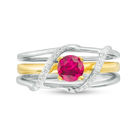 5.0mm Lab-Created Ruby and 0.04 CT. T.W. Diamond Bypass Three-in-One Ring in Sterling Silver and 10K Gold