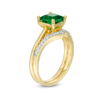 6.0mm Princess-Cut Lab-Created Emerald and 0.065 CT. T.W. Diamond Chevron Bridal Set in 10K Gold