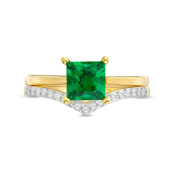 6.0mm Princess-Cut Lab-Created Emerald and 0.065 CT. T.W. Diamond Chevron Bridal Set in 10K Gold