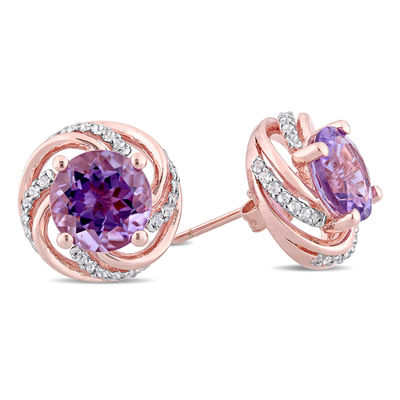 8.0mm Amethyst and White Topaz Swirl Frame Stud Earrings in Sterling Silver with Rose Rhodium