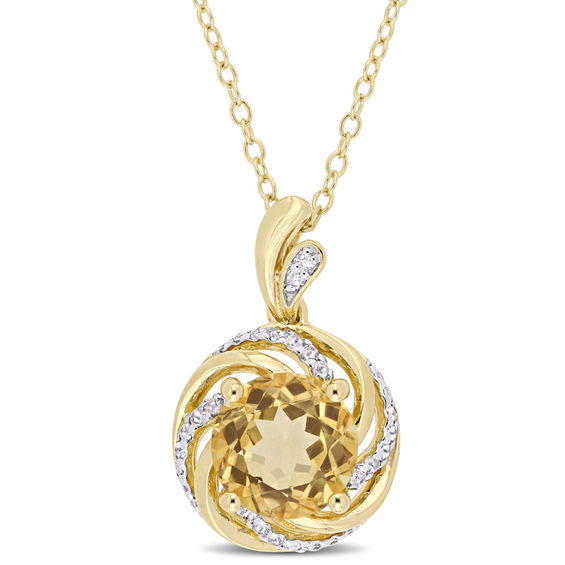 8.0mm Citrine and White Topaz with Diamond Accent Swirl Frame Pendant in Sterling Silver with Yellow Rhodium