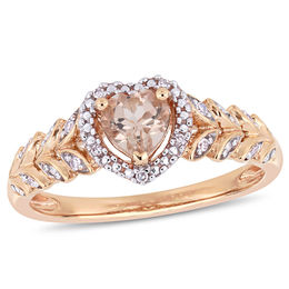 5.0mm Heart-Shaped Morganite and 0.05 CT. T.W. Diamond Beaded Frame Leaf Shank Ring in 10K Rose Gold
