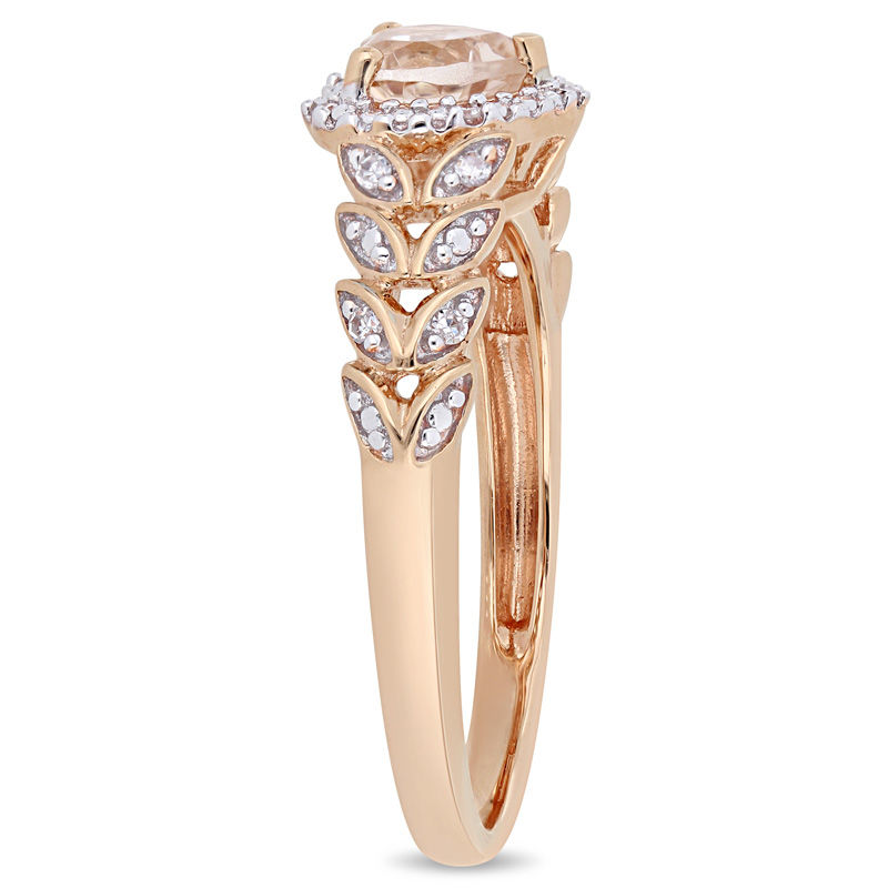5.0mm Heart-Shaped Morganite and 0.05 CT. T.W. Diamond Beaded Frame Leaf Shank Ring in 10K Rose Gold|Peoples Jewellers