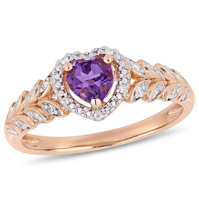 5.0mm Heart-Shaped Amethyst and 0.05 CT. T.W. Diamond Beaded Frame Leaf Shank Ring in 10K Rose Gold