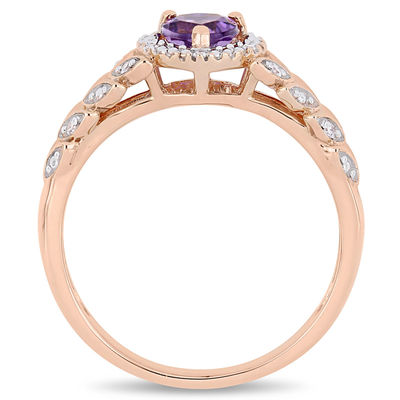 5.0mm Heart-Shaped Amethyst and 0.05 CT. T.W. Diamond Beaded Frame Leaf Shank Ring in 10K Rose Gold