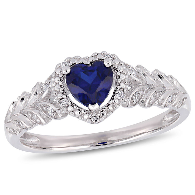 5.0mm Heart-Shaped Lab-Created Sapphire and 0.05 CT. T.W. Diamond Beaded Frame Leaf Shank Ring in 10K White Gold|Peoples Jewellers