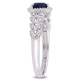 5.0mm Heart-Shaped Lab-Created Sapphire and 0.05 CT. T.W. Diamond Beaded Frame Leaf Shank Ring in 10K White Gold