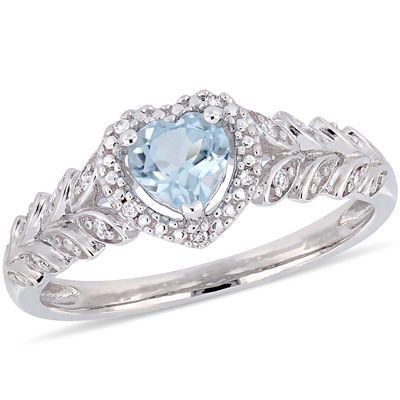 5.0mm Heart-Shaped Sky Blue Topaz and 0.05 CT. T.W. Diamond Beaded Frame Leaf Shank Ring in 10K White Gold