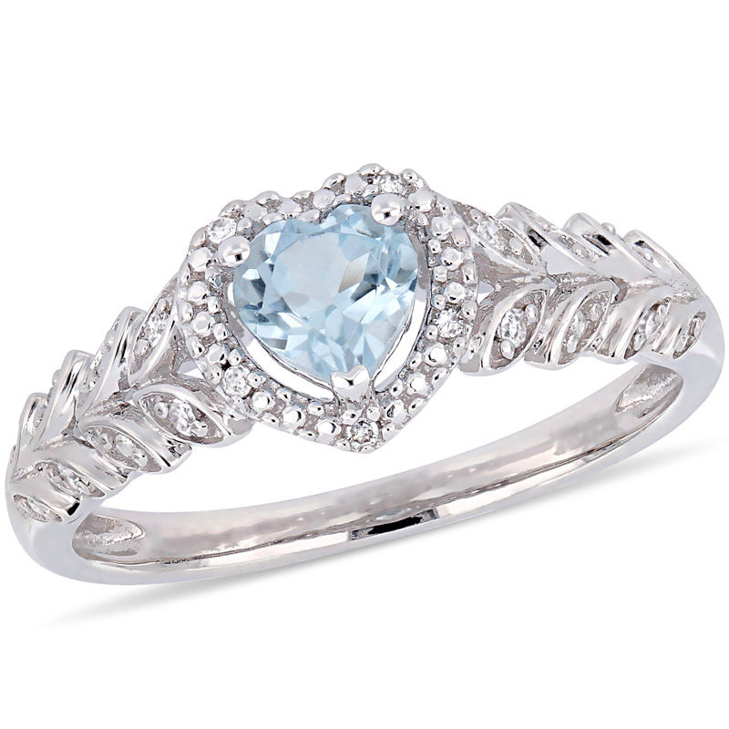 5.0mm Heart-Shaped Sky Blue Topaz and 0.05 CT. T.W. Diamond Beaded Frame Leaf Shank Ring in 10K White Gold|Peoples Jewellers