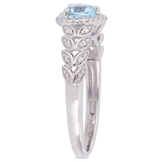 5.0mm Heart-Shaped Sky Blue Topaz and 0.05 CT. T.W. Diamond Beaded Frame Leaf Shank Ring in 10K White Gold