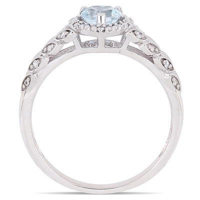 5.0mm Heart-Shaped Sky Blue Topaz and 0.05 CT. T.W. Diamond Beaded Frame Leaf Shank Ring in 10K White Gold