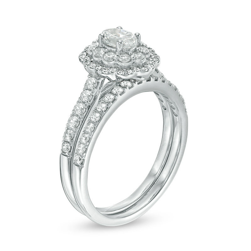 1.00 CT. T.W. Oval Diamond Double Scallop Frame Bridal Set in 14K White Gold|Peoples Jewellers