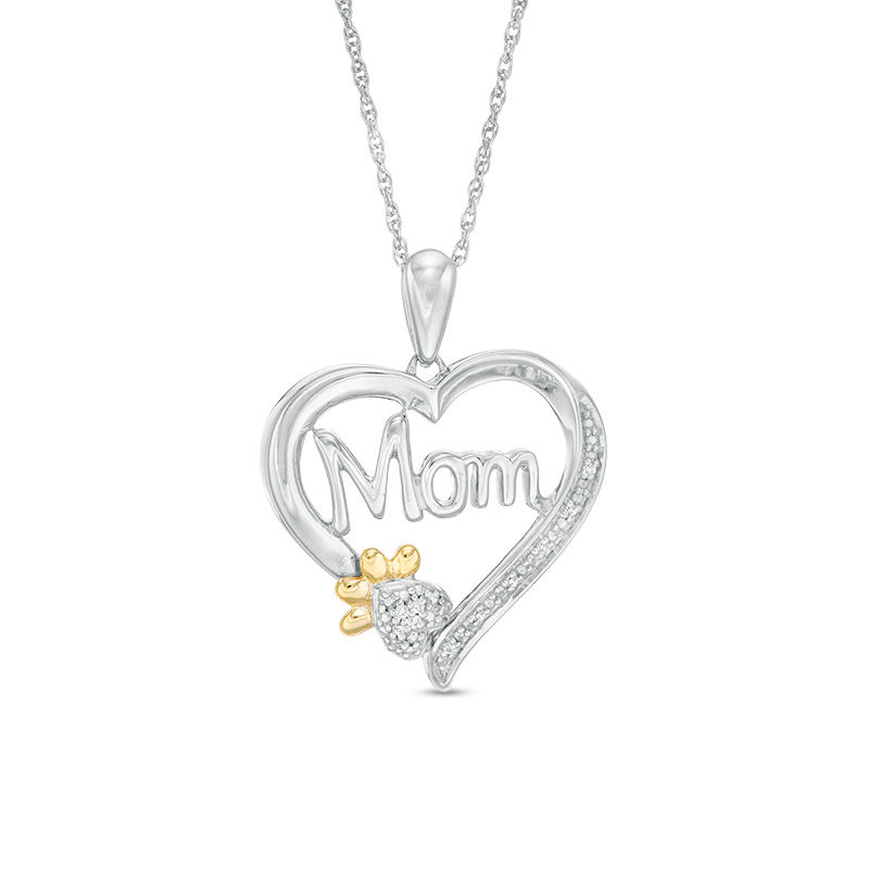 Diamond Accent "Mom" Heart Dog Paw Print Pendant in Sterling Silver and 10K Gold