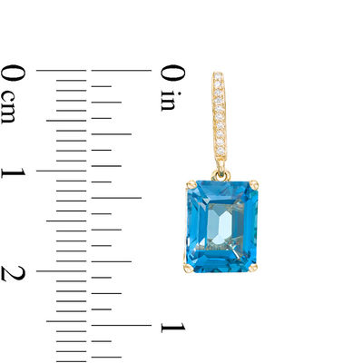 Emerald-Cut London Blue Topaz and 0.04 CT. T.W. Diamond Drop Earrings in 10K Gold