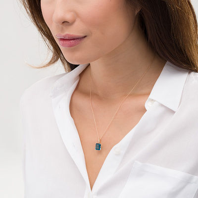 Emerald-Cut London Blue Topaz and Diamond Accent Drop Pendant in 10K Gold